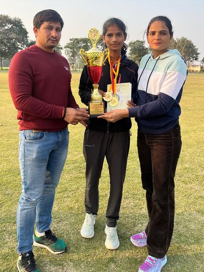 Our hurdler with her trophy and medals at the CCS University Meerut Athletics Championship. A proud moment for her and the academy.