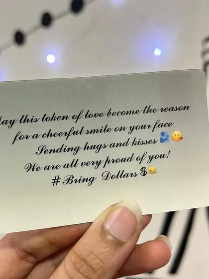 The back of a custom wallet card, showing a personal message from a family to a loved one.