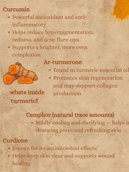 Ever wonder what’s inside turmeric that makes it so powerful? This graphic breaks down the key compounds like Curcumin and Ar-turmerone that help brighten, regenerate, and clarify your skin.