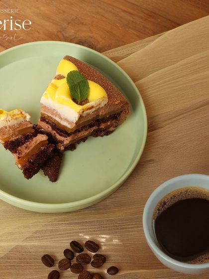 A match made in dessert heaven. My Passion Twist entremet pairs perfectly with a bold black coffee, which enhances the dessert's tangy and creamy notes.