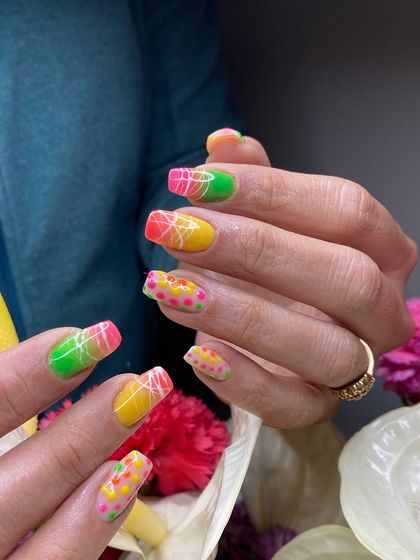A vibrant and playful design with neon gradients, polka dots, and line art, perfect for a fun summer look.