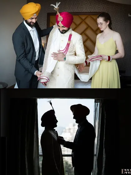 A collage showing the groom getting ready, with a beautiful silhouette shot adding an artistic touch. It captures the anticipation before the ceremony.