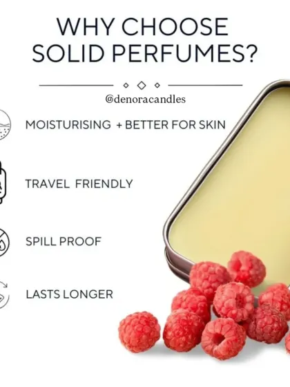 This graphic explains the benefits of choosing solid perfumes. They are moisturizing, travel-friendly, spill-proof, and long-lasting, making them a practical and luxurious alternative to traditional spray perfumes.