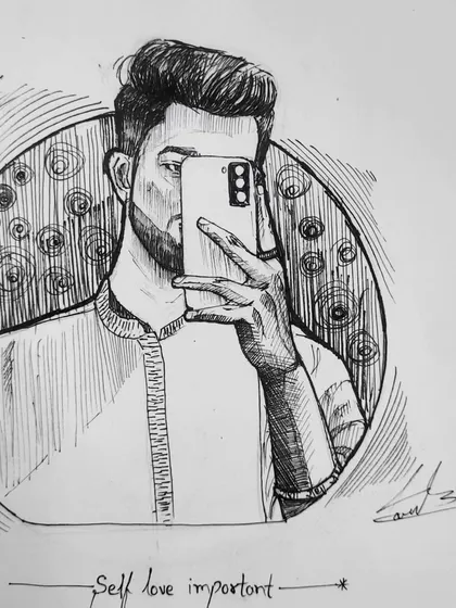 A quick ink self portrait in my sketchbook. Sometimes the best way to practice is to just draw what you see, even if it's your own reflection in a phone.