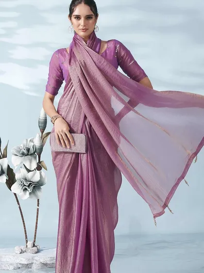 A full view of the lilac tissue saree, showcasing its airy fabric and graceful drape.