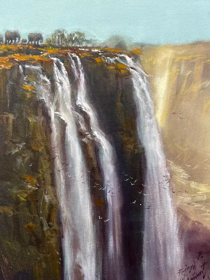 "Beauty of Depth," an acrylic on canvas painting of a majestic waterfall, exploring the power and beauty of nature.