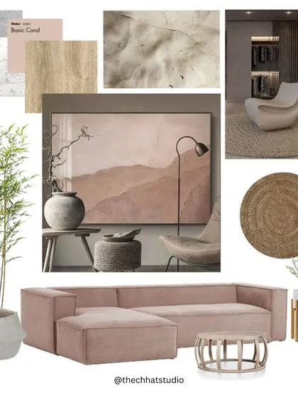This moodboard is built around a palette of basic coral and earthy tones. I've combined soft textiles, natural wood, and organic shapes to inspire a living space that feels warm, inviting, and effortlessly chic.