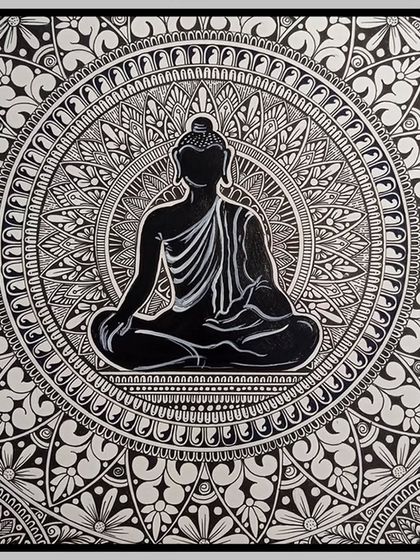 A serene Buddha silhouette set against a detailed mandala background. This piece combines spiritual iconography with the meditative art of mandala.