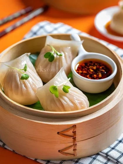 A close-up of prawn dumplings with chili oil for Moets Oh! Bao.