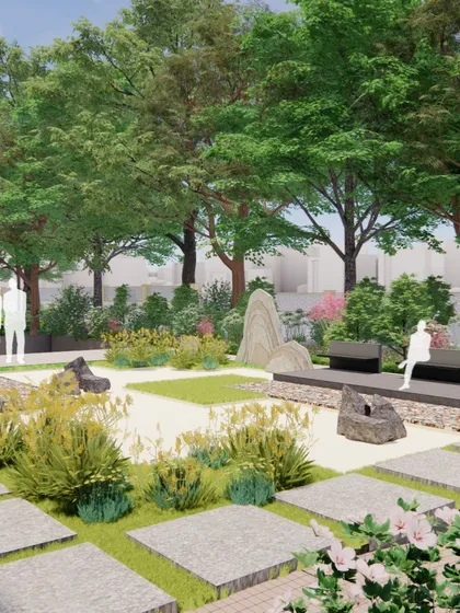 A conceptual design for a zen garden, featuring large granite boulders, gravel beds, and carefully selected grasses. These spaces are designed for tranquility and mindfulness.