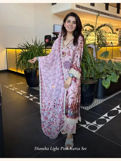 The Diantha Light Pink Kurta Set features a beautiful floral print and delicate embroidery. It's a feminine and elegant piece, now available as a deal of the day.