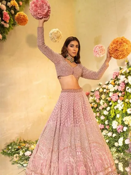 Another dynamic shot, with the model interacting with the floral decor.