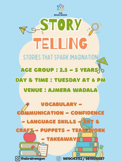 This flyer details our Storytelling class for ages 2.5-5, focusing on building vocabulary, confidence, and language skills through puppets, teamwork, and crafts.