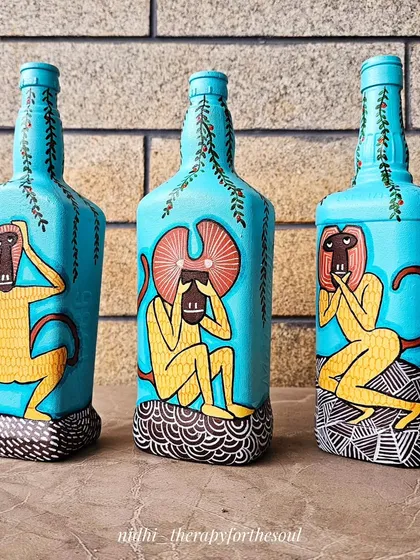 Hear no evil, see no evil, speak no evil. I painted this classic trio of monkeys on a set of upcycled glass bottles, giving them a vibrant and modern twist. They serve as a fun, colorful reminder of a timeless lesson.