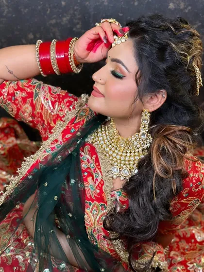 A beautiful bridal portrait. The colorful eyeshadow and intricate jewelry create a look that is both traditional and artistic.