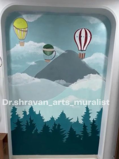 A simple and serene parachute and hot air balloon theme for a kids' room niche. The design, with its soft clouds and mountains, creates a peaceful and dreamy atmosphere.