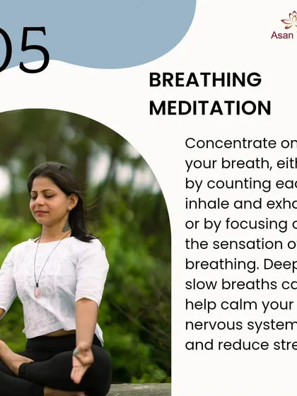 The fifth technique is Breathing Meditation. Concentrating on your breath by counting inhales and exhales helps calm your nervous system and is one of the most direct ways to reduce stress.