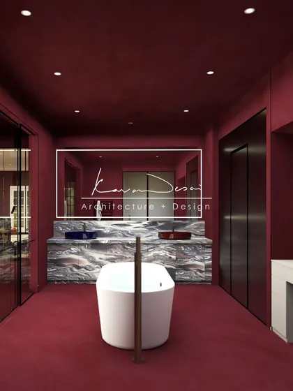I love using color to create a mood. This bathroom is wrapped entirely in a deep, immersive maroon, balanced by a freestanding tub and a dramatic marble counter. It’s bold, unapologetic, and turns a functional room into a personal sanctuary.