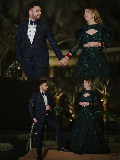 A collage showing the couple's grand reception look. The mix of full-length and close-up shots highlights their coordinated outfits and the celebratory mood.