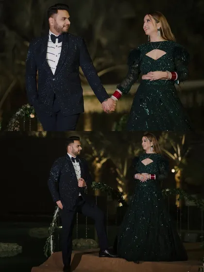 A collage showing the couple's grand reception look. The mix of full-length and close-up shots highlights their coordinated outfits and the celebratory mood.