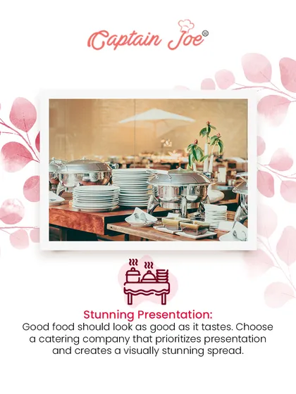 Good food should look as good as it tastes. We prioritize stunning presentation, as seen in this image of a clean and organized buffet station with stacked plates and chafing dishes.