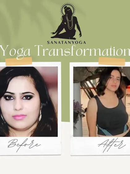 This is my own yoga transformation journey. The 'before' and 'after' shows not just weight loss, but a change in overall health, energy, and well-being that I now help my students achieve.