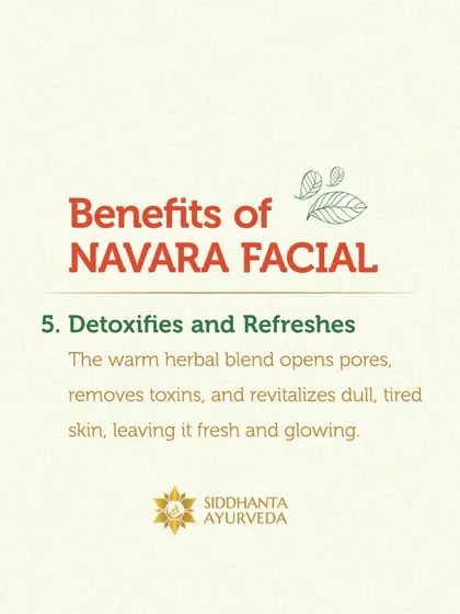 The warm herbal blend used in the Navara Facial opens pores to draw out impurities. This process detoxifies and revitalizes dull, tired skin, leaving it feeling fresh and visibly glowing.