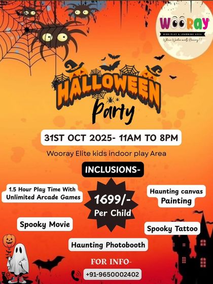 Get ready for some spooky fun at our annual Halloween Party. This graphic details all the exciting inclusions, from unlimited arcade games and a spooky movie to canvas painting and a haunting photobooth.