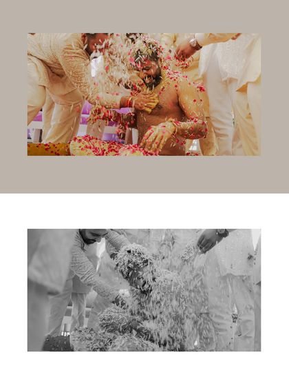 A before-and-after collage of the groom being showered with petals and water during a lively haldi ceremony.