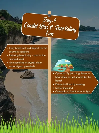 Day 4 is all about coastal bliss. We head to the southern coastline for a relaxing beach day and some fun snorkeling in the clear blue waters.
