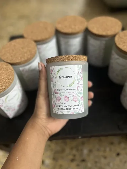Our frosted candles with cork lids are a beautiful and sustainable option. They contain 200gm of soy wax and have a burn time of 60 hours.