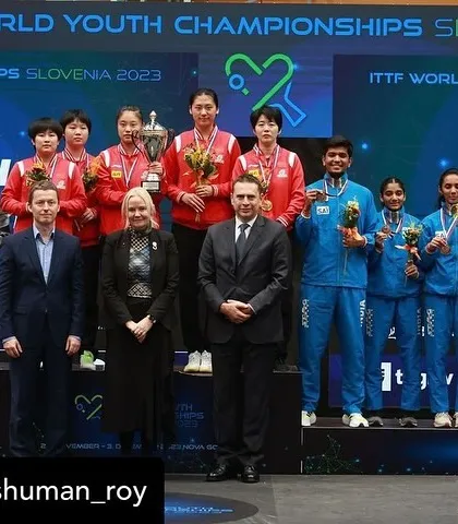 Team India's U-19 girls, including our players, on the podium after securing a historic bronze medal at the ITTF World Youth Championships in Slovenia.