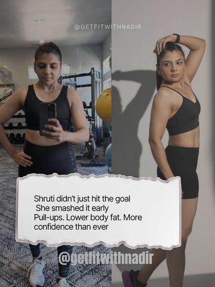 A client's before-and-after, showing how she smashed her goals of achieving pull-ups and lowering her body fat, resulting in newfound confidence.
