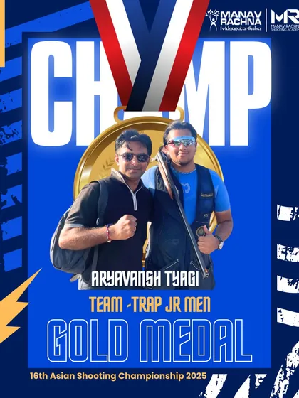 Team victories are a cornerstone of our program. Here, we celebrate Aryavansh Tyagi and his coach Anant after winning the Team Gold Medal in Trap Junior Men at the Asian Shooting Championship.