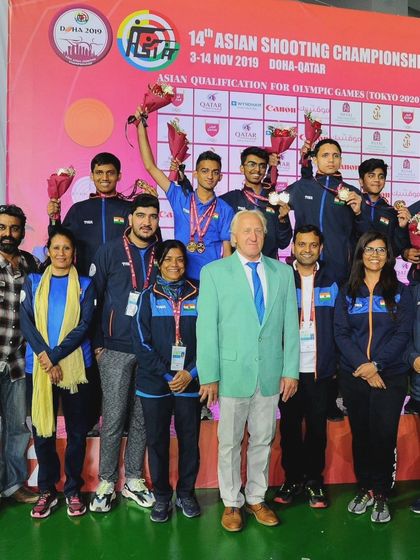 The victorious Indian contingent at the 14th Asian Shooting Championship in Doha, a proud moment for our academy and the nation.