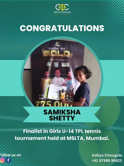 We congratulate Samiksha Shetty on being a finalist in the Girls U-14 TPL tennis tournament. Her success is a result of her dedication.