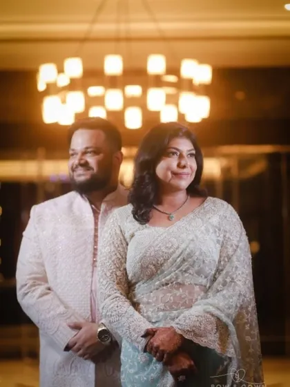 A classic posed portrait of the couple after their Roka ceremony. The warm lighting and their happy expressions make this a beautiful, timeless photograph to cherish.