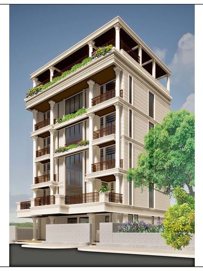 A perfect example of classical architecture fused with modern interiors in Mulund, Mumbai. The building encompasses an elevated garden, double-height living spaces, and a grand entry foyer.