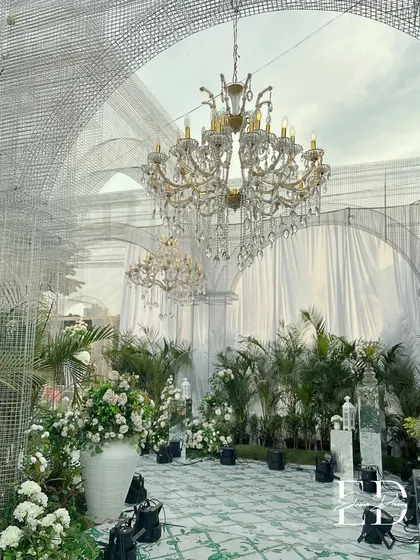 A full view of the eco-luxe wedding setup, where grand arches made of wire mesh create a cathedral-like effect over a lush green floor. The design is a masterclass in using sustainable materials to achieve a high-end look.