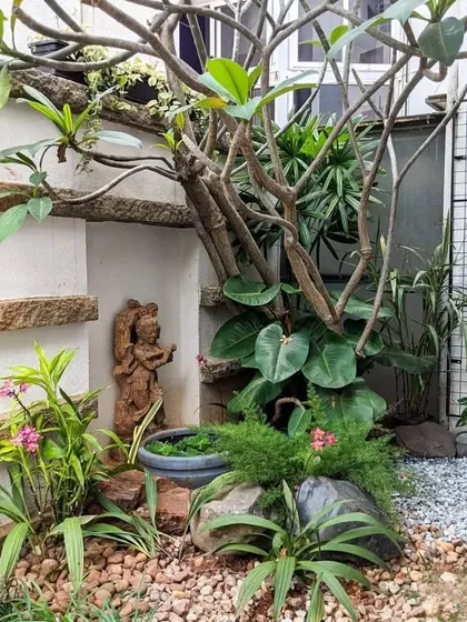 A small, previously unused corner is now a tranquil zen garden. Complete with a frangipani tree, a small water feature, and decorative stones, this space is a perfect example of maximizing potential in tight areas.