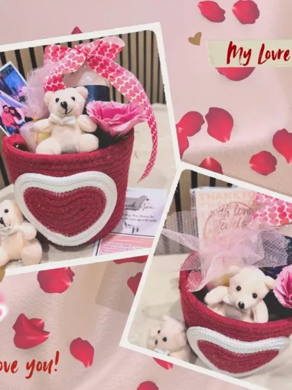 A collage showing my romantic Valentine's hamper. The red woven basket, teddy bears, and rose petals create a perfect atmosphere of love.