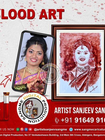 This blood art portrait captures the traditional beauty of the subject, from her attire to her expression. The monochrome red palette gives the artwork a timeless and classic feel.