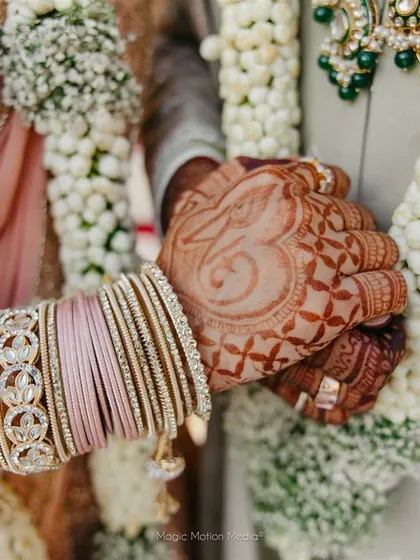A close-up shot focusing on the bride's hands, adorned with beautiful bangles and henna, holding the groom's hand. A symbol of their union.