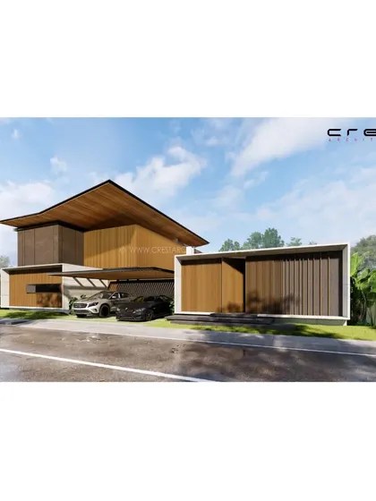 This 3D visualization of the 'Hover Over' residence shows the design from a different angle, highlighting the slatted timber screens and the covered carport integrated into the overall form.