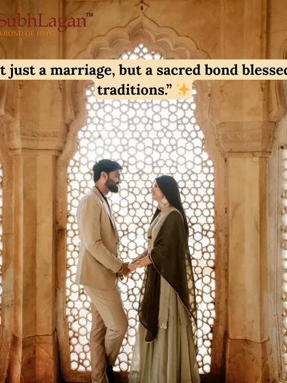A couple holds hands, framed by an ornate archway, representing a sacred bond blessed by tradition. We specialize in matches that honor these cultural foundations.