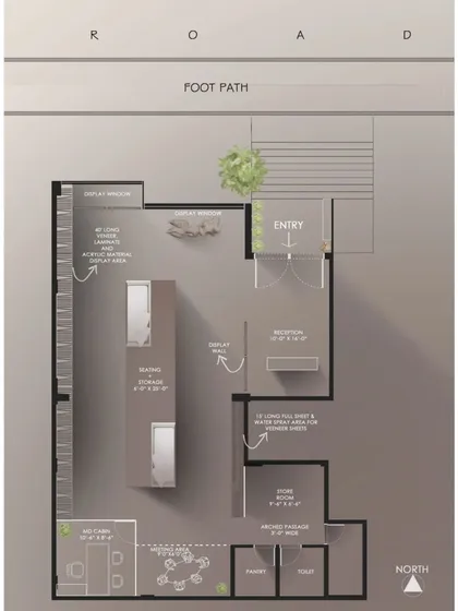 A detailed floor plan is the blueprint for a successful design. This plan for the veneer showroom shows the strategic placement of each element to ensure both functional flow and a powerful aesthetic experience.