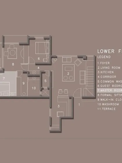 Another view of the lower floor plan, focusing on the master bedroom and formal seating area. Our architectural expertise allows us to design complex, multi-functional layouts like this duplex.