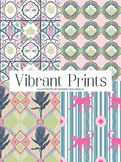 A showcase of some of the vibrant prints from the 'Tropical Tapestry' collection. I love mixing bold colours like pink and navy with geometric and organic shapes to create dynamic, eye-catching patterns.
