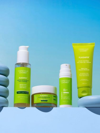 This vibrant group shot uses a complementary color scheme of lime green and sky blue to make the products feel fresh and energetic. The stacked props add depth and create a dynamic composition that draws the eye across the entire range.