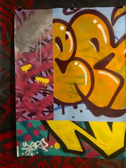 A canvas piece from an exhibition, showing a mix of graffiti styles. It combines a bubble-style 'throw-up' with more abstract textures and my signature, all on one canvas.